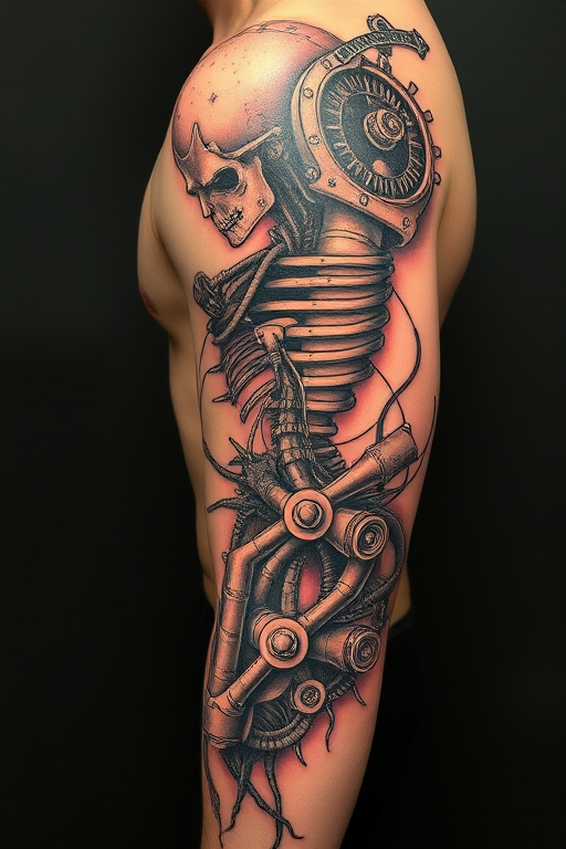 Surrealist biomechanical tattoo called "Organic Odyssey" merging anatomical structures with mechanical components in a mind-bending fusion of flesh and machine