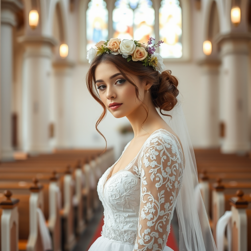 church scene, bridal model, delicate lace gown, floral headpiece, soft romantic focus, high-key lighting and an 85mm lens for soft, even tones that highlight the model’s face and bright outfit against a white or light background