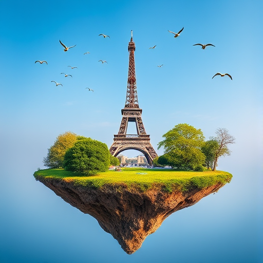 floating island with the Eiffel Tower surrounded by lush greenery and birds flying in a clear blue sky, captured with a Canon EOS R5, ISO 100, f/8 aperture, 24mm lens, shot in landscape mode for high detail and depth.