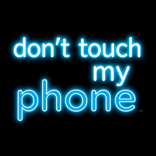 Create an image featuring the text "don't touch my phone" in a bold, modern font with a glowing blue and teal effect, set against a solid black background, using a DSLR camera with a 50mm lens, aperture f/1.8, shutter speed 1/250s, and ISO 100 to enhance clarity and brightness.