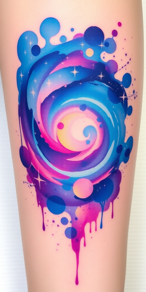 Vibrant watercolor splash tattoo named "Celestial Spectrum" featuring a swirling galaxy of blues, purples, and pinks blending seamlessly into an ethereal nebula, with delicate white stars scattered throughout the design creating a sense of depth and wonder, incorporating subtle touches of gold leaf for added luminosity and sparkle, perfect for those seeking a dreamy and cosmic body art piece that captures the beauty of the universe in a fluid and artistic style