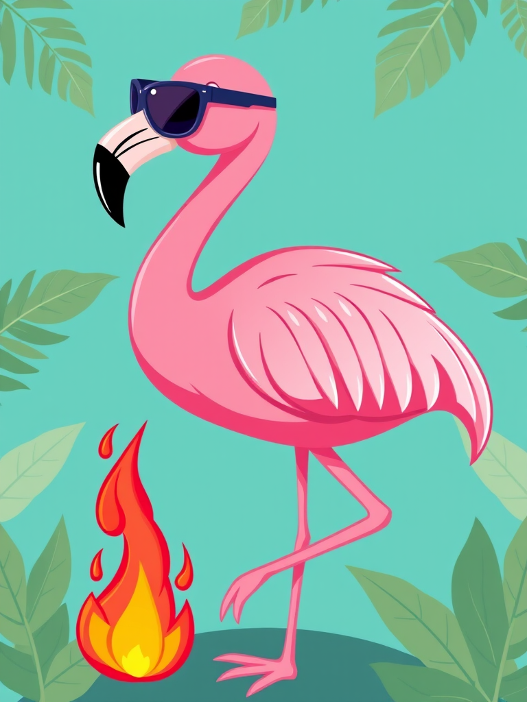 Create a vibrant illustration of a pink flamingo wearing sunglasses standing on one leg with a cartoon-style flame at its foot, set against a teal background with tropical leaves; use a Canon EOS R mirrorless camera, aperture f/2.8, ISO 100, 35mm lens, high-resolution, and shot in bright daylight for enhanced image quality.