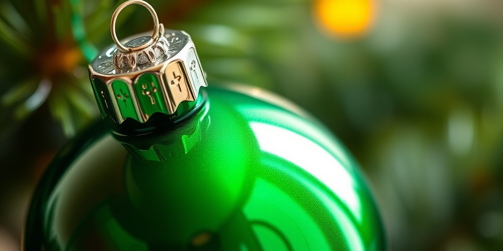 Create a highly detailed image of a glossy green Christmas ornament with a silver cap, captured in macro view using a DSLR camera at f/2.8 aperture, 50mm lens, ISO 100, with soft natural lighting to enhance reflections and textures.