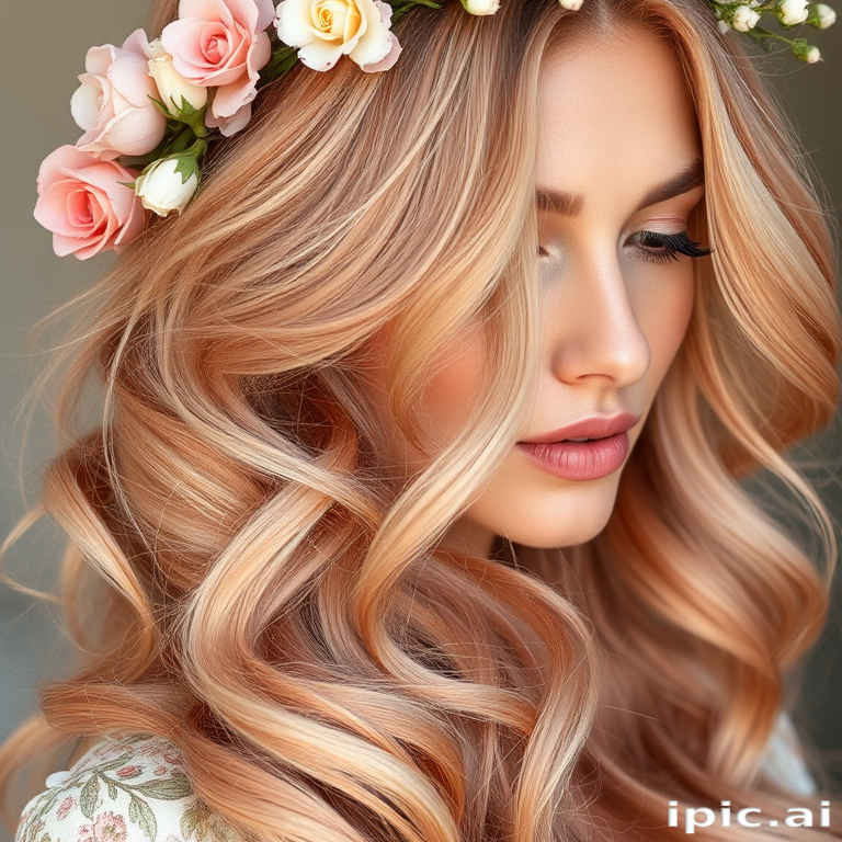 Romantic close-up captures Rose Gold Goddess long hair, a soft blend of peachy pink and pale gold hues, styled in loose romantic curls with floral accessories