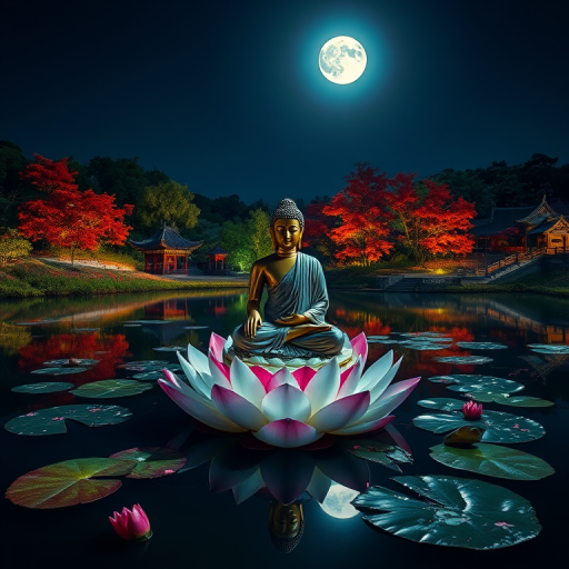 Create a serene night scene featuring a large Buddha statue seated on a lotus flower in a tranquil lake surrounded by colorful trees and pagodas, illuminated by a full moon, using a DSLR camera with a 50mm lens, aperture set to f/1.8, ISO 200, and a slow shutter speed of 1/10 second for enhanced detail and depth.
