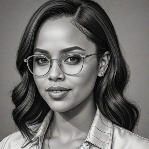 Attractive Ayesha Curry, pencil sketch, portrait of Magnificent woman 1959s in glasses, hair style beatnik, outline, clear lines, fine lines, 8k