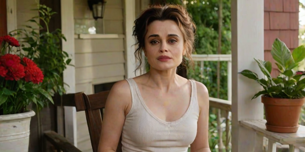 A photo of Helena Bonham Carter with a background of a cozy porch. She has dark hair pulled back in an updo, with tendrils framing her face. She wears a white tank top and sits on the porch. The porch is part of a well-lit home with a warm, earthy tone and colorful flowers and foliage. The overall scene has a warm, welcoming, and comfortable ambiance.