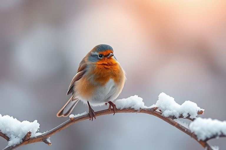 Generate an image of a small bird perched on a snowy branch with a detailed and vibrant style, using a DSLR camera with a 50mm lens, aperture set to f/2.8, ISO 100, and a shallow depth of field to enhance the subject against a softly blurred background.