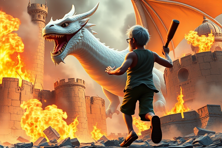 Cartoon 3D High-Resolution,dynamic battle scene using Unreal Engine 5 and Octane Render. The scene features back of an elderly, thai man with a beard,messy hair and round golden-rimmed glasses. He is wearing a tattered tank top with soot marks, shorts, and sandals. sweating. he wields a baseball bat. He jump to fight with a white fire-breathing Europe dragon amidst a partially destroyed stone castle. Include intense flames, smoke, and debris to enhance the dramatic effect.
