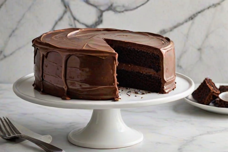 Create an image of a rich chocolate cake with multiple layers. The cake should have a glossy chocolate frosting covering the top and sides, and a layer of white frosting visible between the chocolate layers. The cake should be displayed on a simple white cake stand with a marble background.