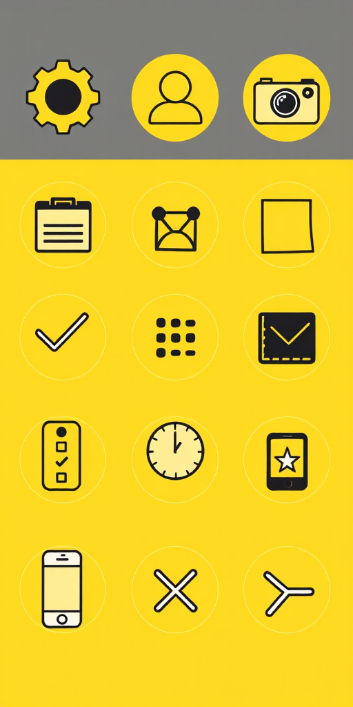 Create a high-resolution vector image of twelve round icons in a modern design with a yellow and black color scheme, featuring a gear, camera, user profile, calendar, trash bin, checkmark, clock, spreadsheet, phone, cross symbol, shopping cart, and information symbol, using a Canon EOS R5 camera with f/8 aperture, ISO 100, and 24mm lens at a straight-on view.
