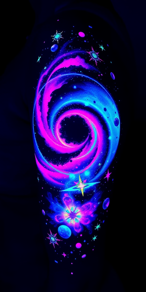 Luminous UV ink tattoo called "Neon Nebula" featuring a cosmic scene of swirling galaxies, twinkling stars, and vibrant nebulae that come to life under blacklight. The design utilizes specialized UV-reactive inks in a range of fluorescent colors, including electric blues, vibrant pinks, and glowing greens, to create a mesmerizing display of otherworldly hues. This style is characterized by its dual nature, appearing as a subtle, almost invisible tattoo in normal lighting conditions, but transforming into a brilliant, glowing masterpiece under UV light. The "Neon Nebula" tattoo incorporates fine details such as stardust, planetary rings, and celestial bodies, all rendered in a dreamy, ethereal style that captures the wonder and mystery of the cosmos. This unique tattoo style appeals to those who want a hidden artistic surprise that can be revealed in specific environments.