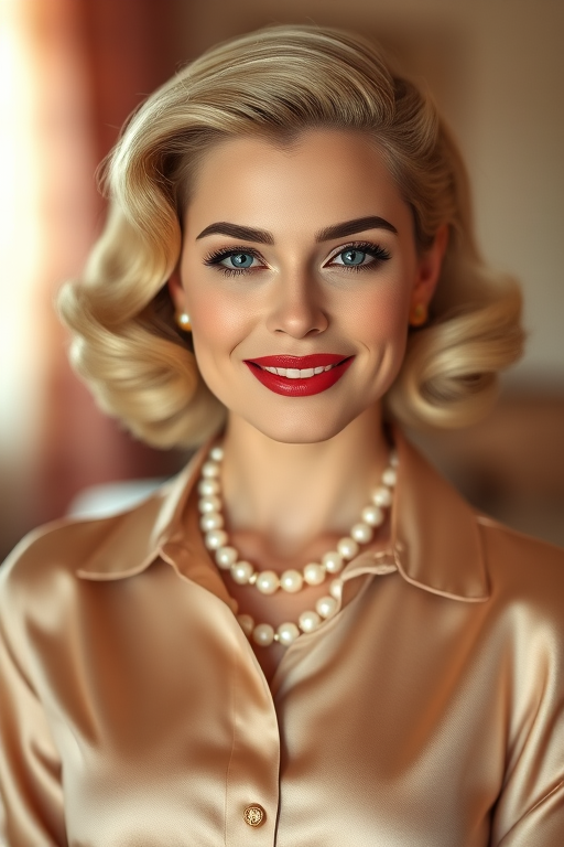 A beautiful taino woman reminiscent of 1950s Hollywood glamour, with perfectly styled blonde hair and a seductive smile, dressed in a satin blouse and adorned with pearls, soft and warm tones, photorealistic, 8K