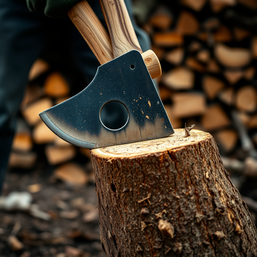 a close-up of a person chopping wood with an axe in a woodpile background, using a Canon EOS R5 camera, aperture f/2.8, shutter speed 1/100 sec, ISO 200, natural lighting, focus on the axe and wood with a blurred background