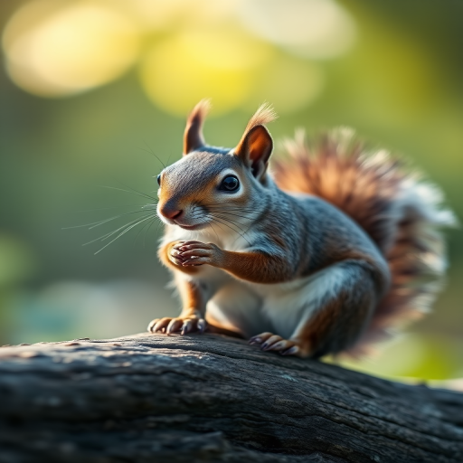 close-up of a squirrel sitting on a log, soft natural lighting, shallow depth of field, 50mm lens, f/2.8 aperture, ISO 200, 1/250 sec, DSLR camera, focus on the squirrel with a blurred background