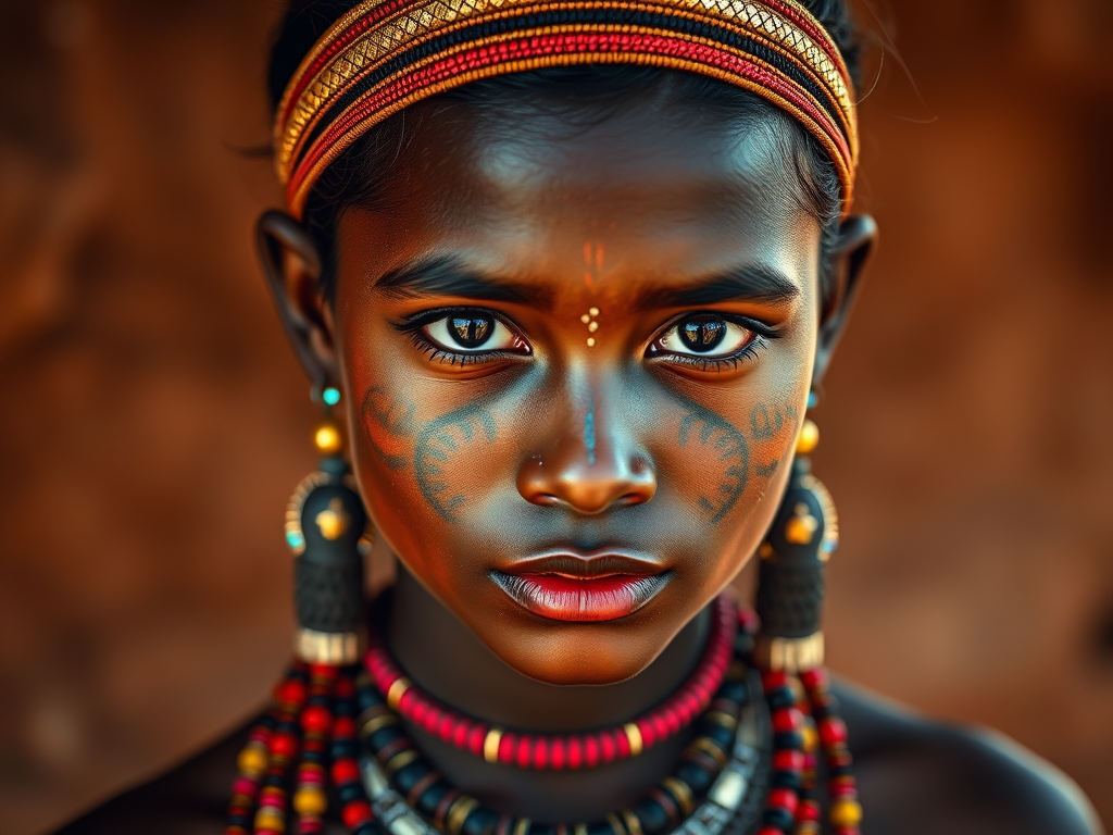 portrait of a young woman with intricate tribal face paint and traditional jewelry, captured in natural light with a shallow depth of field, using a 50mm lens at f/1.8, ISO 100, 1/200 sec, DSLR camera, vibrant colors and sharp details, slightly off-center composition with rich earthy background.