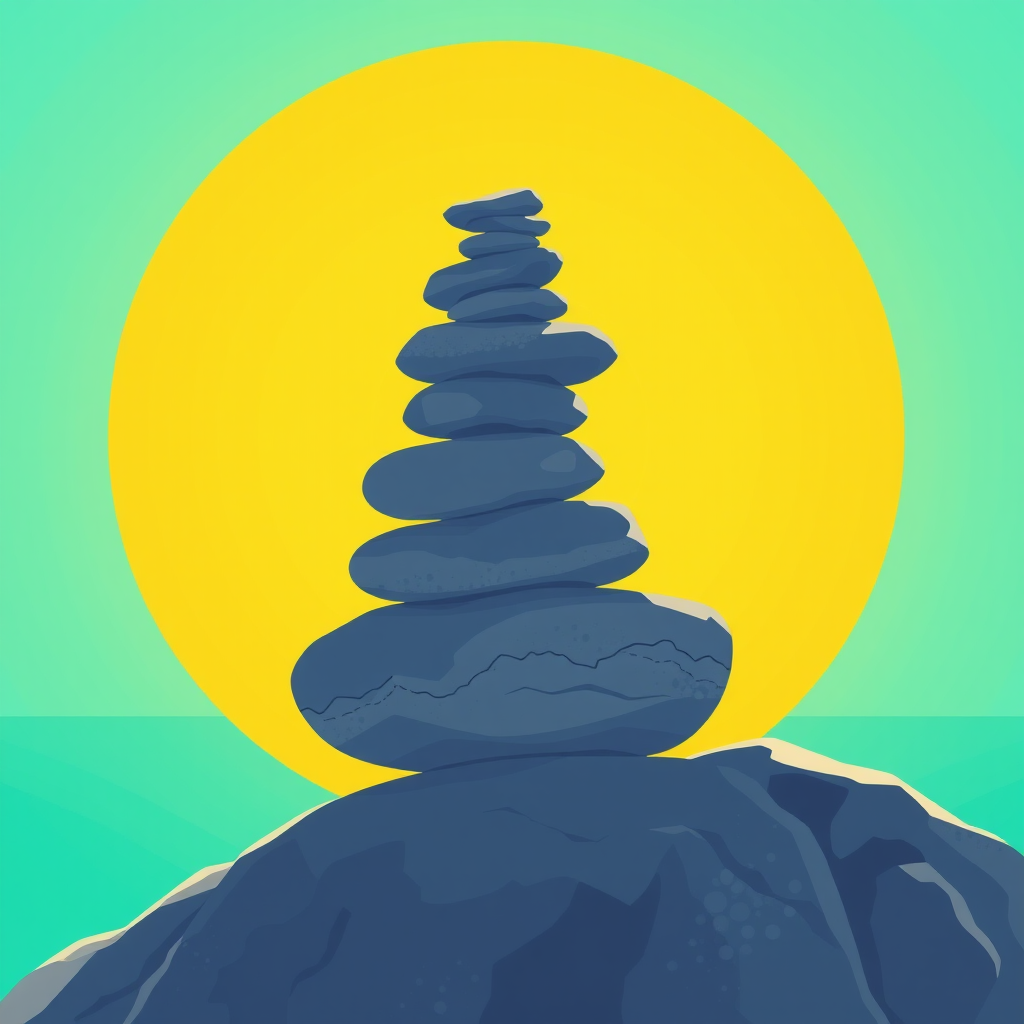 create a minimalist digital illustration of stacked stones on a rock against a bright yellow sun with a turquoise sky, using a Canon EOS R5, ISO 100, f/8, 1/200 sec, wide-angle lens, vibrant colors and high contrast for enhanced clarity