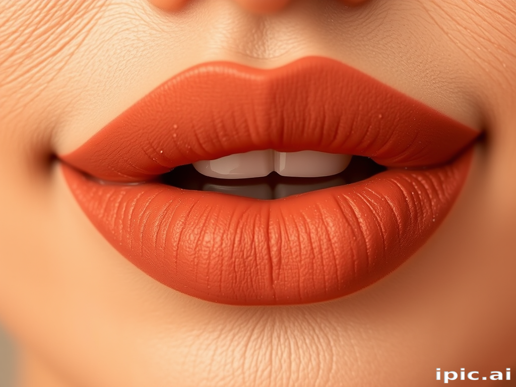 Matte terracotta lips with a powdery texture, dubbed "Desert Dusk," showcasing a warm, earthy tone and a comfortable, long-wearing formula