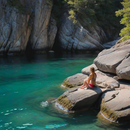 Secluded beach cove with crystal-clear water, a woman sits on the rocks at the edge, her feet dangling over the water as she enjoys the quiet tranquility.