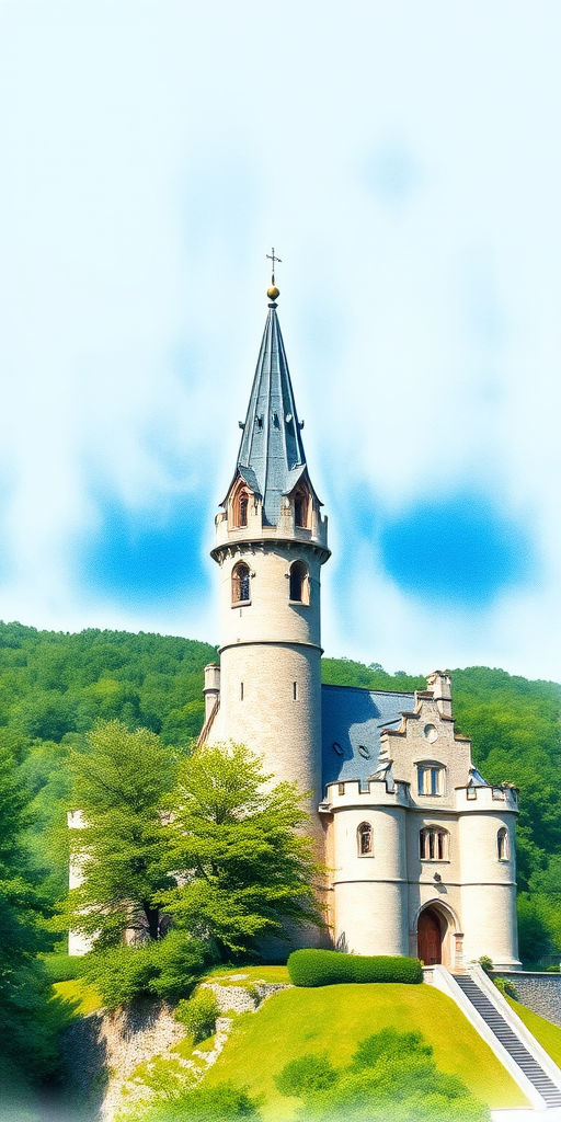 A scenic watercolor illustration of a castle with a pointed tower, lush greenery in the background, vibrant blue sky, taken with a Canon EOS 5D Mark IV, 50mm lens, aperture f/8, exposure 1/200 sec, in daylight with a focus on detail and clarity.