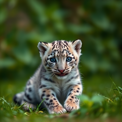 a playful snow leopard cub in a lush green setting, shallow depth of field, soft focus background, shot with a Canon EOS 5D Mark IV, 85mm f/1.8 lens, ISO 200, aperture f/2.8, natural lighting to enhance detail and texture of the fur