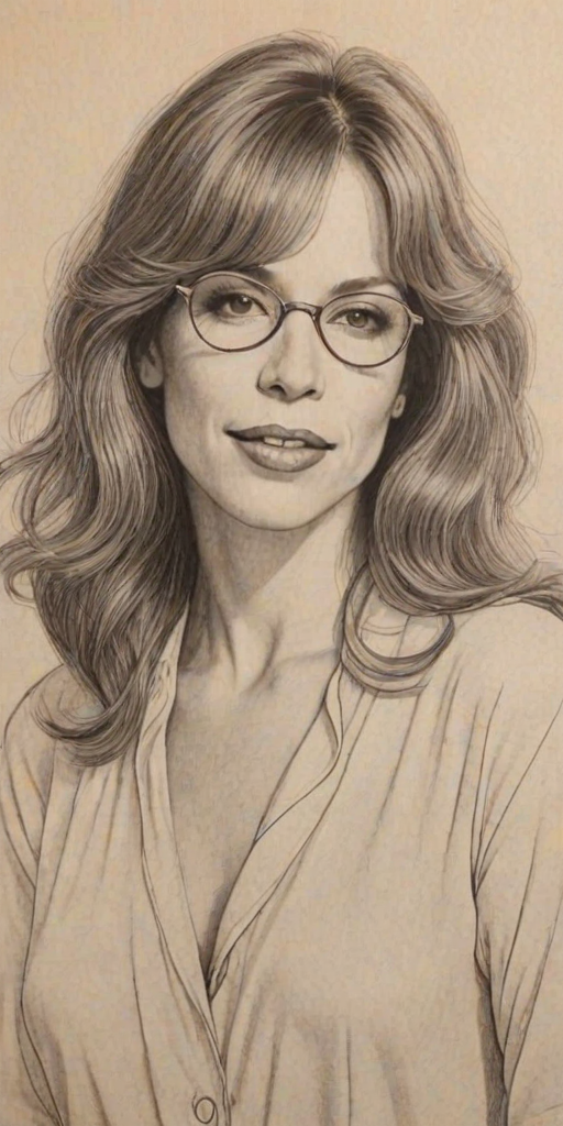 Graceful Carly Simon, pencil sketch, portrait of Alluring woman 1931s in glasses, hair style beatnik, outline, clear lines, fine lines, 8k