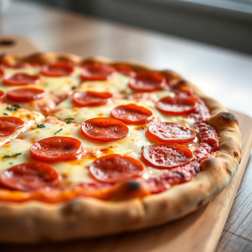 a close-up shot of a freshly baked pepperoni pizza on a wooden serving board, with a shallow depth of field, natural lighting, using a DSLR camera with a 50mm lens, aperture set to f/2.8, ISO 100, shutter speed of 1/100 sec, capturing the texture of the cheese and crust with soft highlights and shadows.