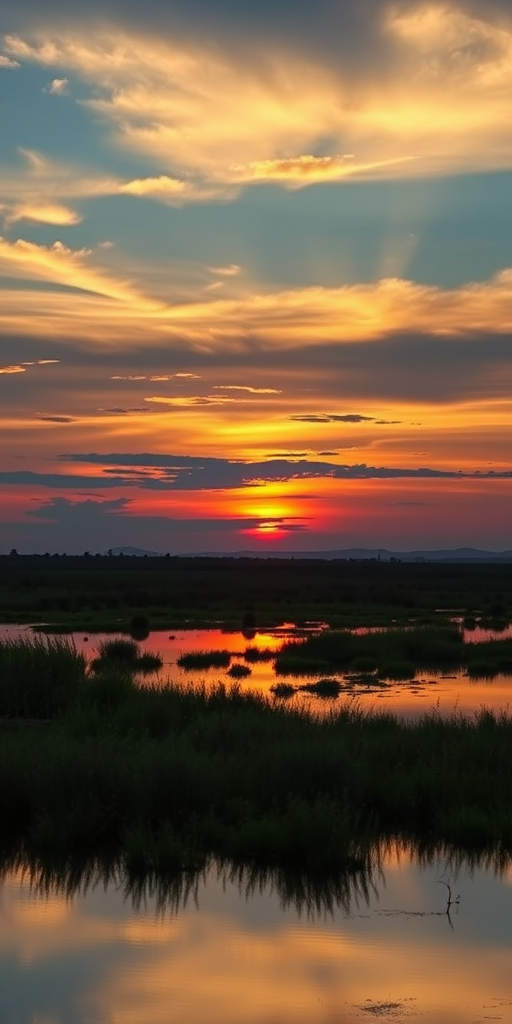 Generate a high-resolution image of a serene landscape at sunset, using a Canon EOS R5 camera with a 24-70mm f/2.8 lens, aperture set to f/8, ISO 100, shutter speed 1/125s, in a landscape orientation, with soft lighting to enhance the colors of the sky and reflections on water.