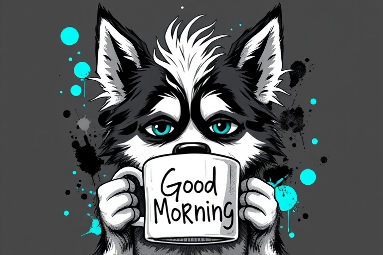 A quirky, artistic illustration of a disheveled alaskan irish setsky with exaggerated, large eyes and spiky fur, holding a coffee mug that reads "Good Morning". The dog has a tired but humorous expression, with ink splatters and abstract details surrounding it, giving a whimsical feel to the image. The color palette is mostly monochrome with hints of cyan in the eyes and steam rising from the mug, enhancing the overall sleepy vibe