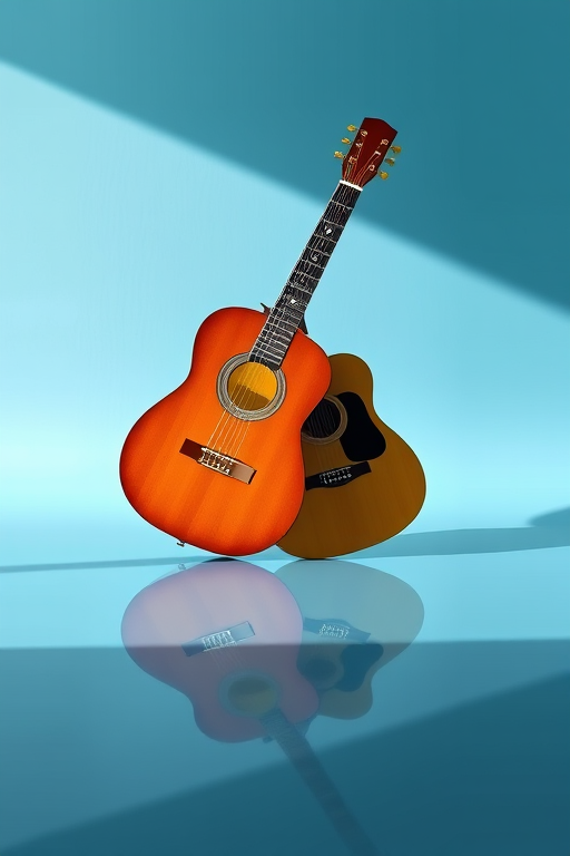 Create a vibrant illustration of two crossed acoustic guitars, one brown and one golden, against a soft blue background with a reflective surface, using a Canon EOS R camera, f/2.8 aperture, 50mm lens, and natural lighting to enhance clarity and detail.