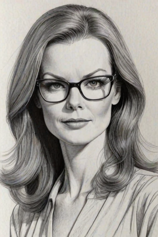 Dazzling Marcia Cross, pencil sketch, portrait of Sublime woman 1978s in glasses, hair style beatnik, outline, clear lines, fine lines, 8k