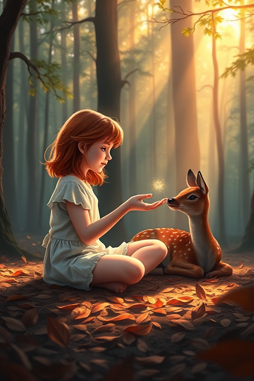 A luminous digital painting of a serene forest scene featuring a barefoot young female, about 7 years old, with red hair and fair skin, dressed in a simple white outfit. He sits cross-legged on the forest floor, gazing at a small, glowing, magical firefly in his hand. Beside him, a delicate spotted deer lies calmly on a bed of dried leaves, observing the scene. The dense forest is bathed in warm, golden light filtering through the trees, creating a peaceful, magical atmosphere with a blend of natural and mystical elements.