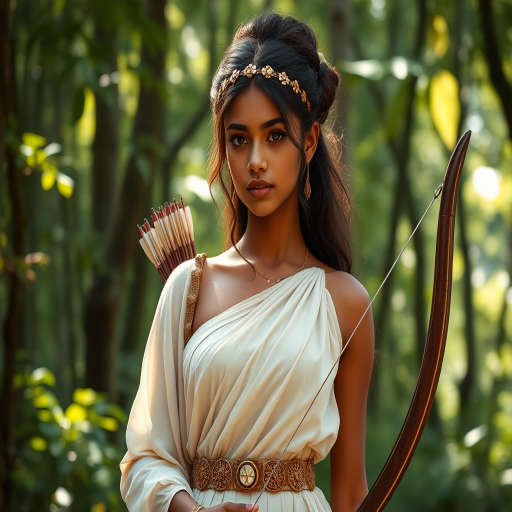 Create a portrait of a goddess-like Indo-Caribbean girl figure in a tranquil, forested environment. She has an elegant appearance with long, wavy hair styled in an updo and adorned with a delicate, floral headband. She wears a flowing, ancient Greek-inspired gown in a soft, pale color, featuring a one-shoulder design and draped fabric that accentuates her graceful form. The outfit includes a decorative belt with ornate gold detailing, and she holds a bow in her hand, with a quiver of arrows slung over her shoulder. The background depicts lush greenery, with sunlight filtering through the trees, casting a gentle, ethereal light on the scene. Her expression is calm and contemplative, embodying a sense of wisdom and serenity.