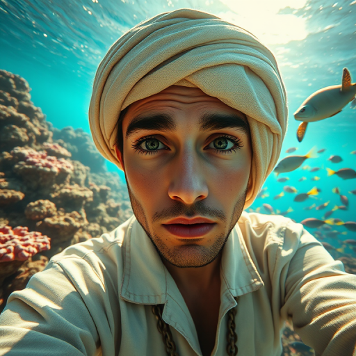 Realistic selfie image of a Coptic, wearing a vintage outfit, detailed dreamy eyes, droopy hooded eyes, staring at the camera, taken underwater at coral reef with a sunbeam filtering through the water, vibrant, summer vacation, natural lighting, turtle and school of tropical fish with vibrant colors, rendered in the style of CryEngine, Pegi Nicol MacLeod, with realistic genre scenes, hauntingly beautiful narratives, ultra-realism, and Thomas Saliot's close-up technique, 8K resolution, crystal clear and sparkling water.