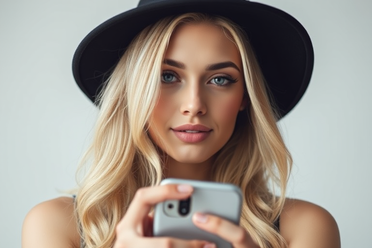 Regenerate a stylish portrait of a woman with long blonde hair, wearing a black hat, holding a phone, in a minimalistic background; settings: ISO 100, aperture f/2.8, shutter speed 1/125s, camera view: close-up, camera style: soft focus, camera type: digital DSLR.