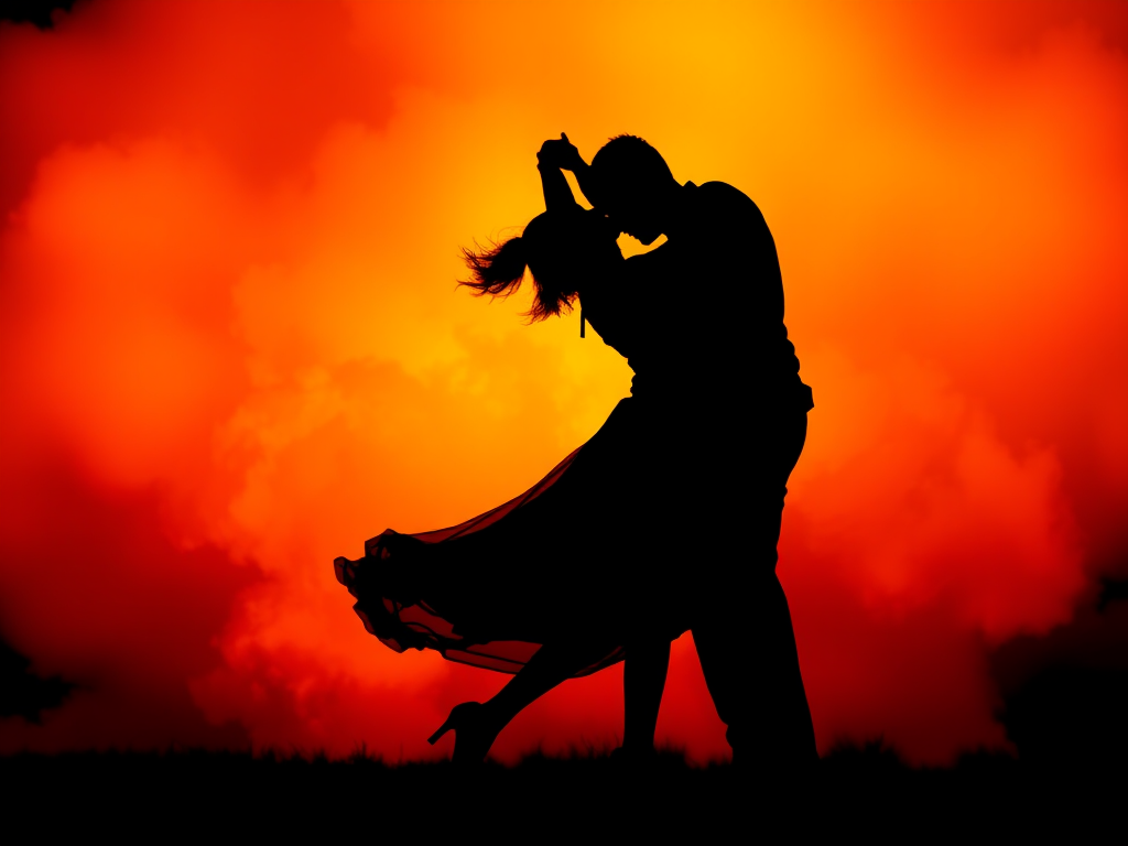 Create a high-contrast silhouette image of a couple dancing against a vibrant explosion of orange and yellow, using a DSLR camera with a 50mm lens, aperture f/1.8, ISO 200, and a shallow depth of field to enhance details in the shadows, captured from a low angle for dramatic effect.