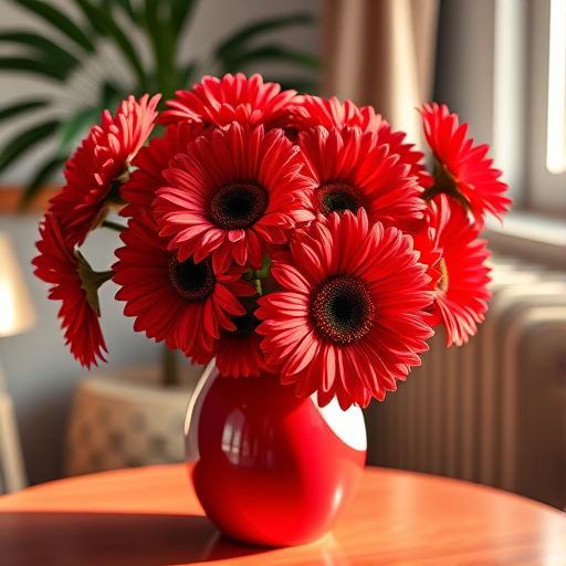 A vibrant bouquet of red gerbera daisies in a glossy white and red vase on a round table, natural light illuminating the scene through a nearby window, camera settings 50mm lens, f/2.8 aperture, ISO 200, shot at a shallow depth of field for a soft background bokeh.