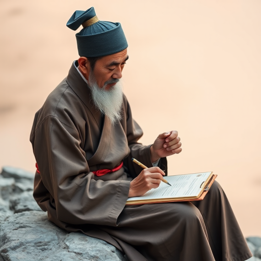 portrait of a scholar sitting on a rock in traditional attire writing in a notebook with a brush, soft natural lighting, shallow depth of field, taken with a DSLR camera at 50mm f/1.8, ISO 200, in a minimalist style, pastel background