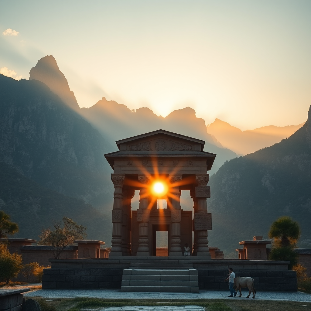 Create a serene image of an ancient temple surrounded by majestic mountains during golden hour with soft sunlight filtering through intricately carved pillars, using a wide-angle lens, f/8 aperture, ISO 100, 24mm focal length, and a DSLR camera for enhanced clarity and depth.