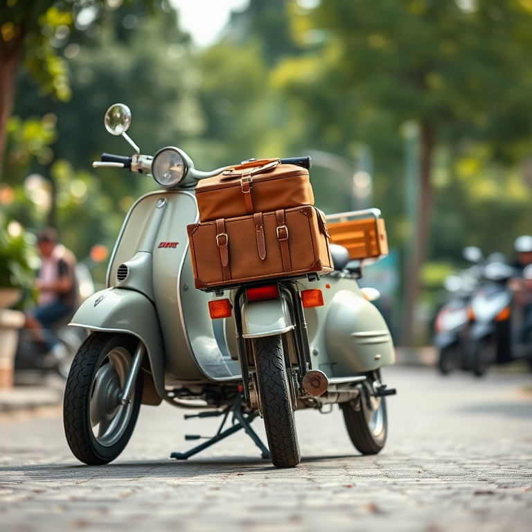 Capture a vintage scooter with a sidecar packed with brown luggage, shot from a low angle to emphasize the unique design, using a 50mm lens at f/1.8 for a shallow depth of field, ISO 100, and soft natural lighting to enhance details and colors.
