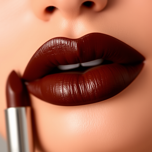 Rich chocolate brown lips with a satin finish, smooth and luxurious, showcasing depth and dimension for a sophisticated and modern look