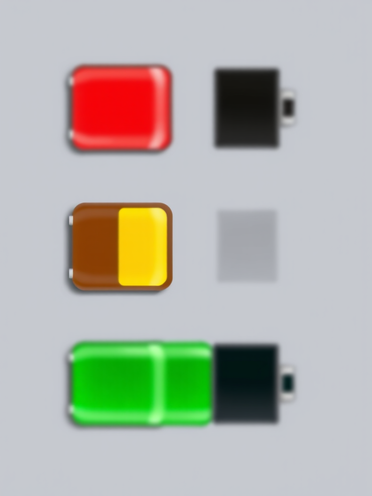 Create a high-resolution illustration of four battery icons in red, brown, yellow, and green, showcasing different charge levels, taken with a DSLR camera at f/8 aperture, ISO 100, 50mm lens, and a slight tilt shift effect for depth.