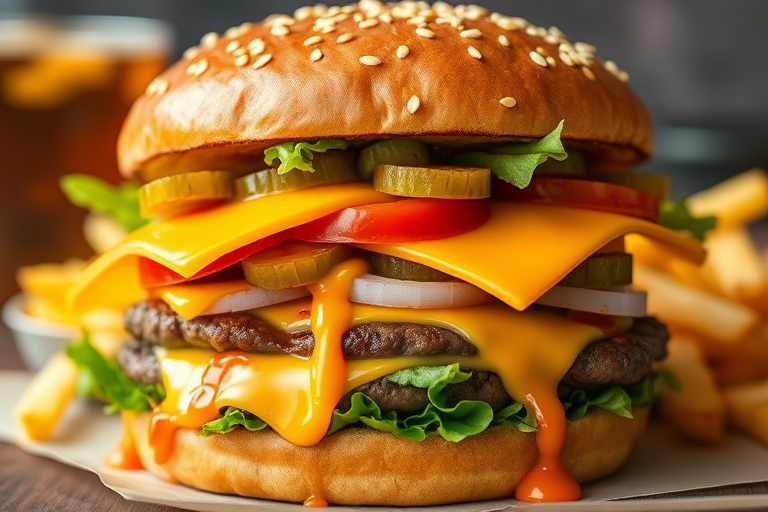 High-resolution, close-up image of a gourmet double cheeseburger. The burger features a glossy, sesame-seed-topped brioche bun. Inside, there are two thick, juicy beef patties, each topped with melted cheddar cheese. The burger is garnished with fresh lettuce, tomato slices, diced onions, and pickles. A generous amount of ketchup and a creamy, orange-colored sauce is dripping down the sides, adding to the mouth-watering appeal. In the background, there are blurred elements including a side of golden French fries and a hint of a beverage, enhancing the overall presentation of a delicious meal.