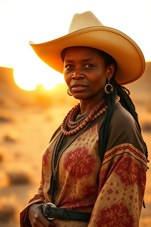Dramatic photo of a beautiful Kikuyu woman, classic cowboy attire, confident and free spirit expression, half-length portrait, centered, golden hour desert landscape, warm, diffused light, low angle, medium format film camera, in style of Annie Leibovitz.