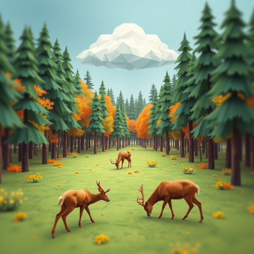 Create a low-poly digital artwork of three deer grazing in a vibrant forest scene with geometric trees and a stylized stormy cloud above, using a Canon EOS R5 with a 24-70mm f/2.8 lens, aperture set to f/8, ISO 100, and a slightly elevated angle for a dynamic perspective.