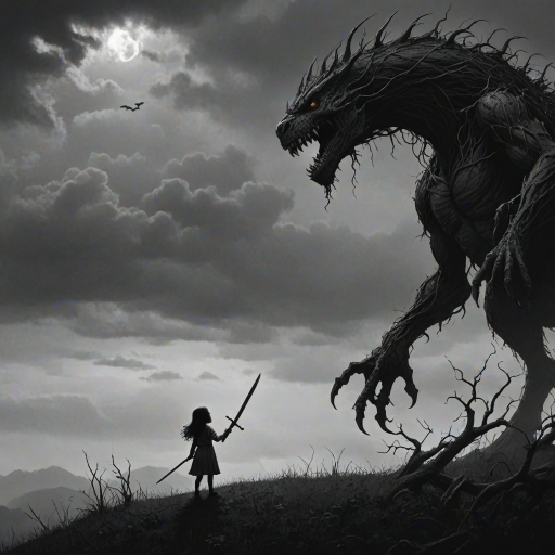 Fight your fears illustration of black and white minimalist of a little girl standing on a hill, raising a sword in hand, she is facing a large menacing creature with large head, sharp teeth and sharp claws, its body is made of vines and roots. The background is a cloudy sky with a hint of smoke or fog. The overall mood of the image is dark and eerie.