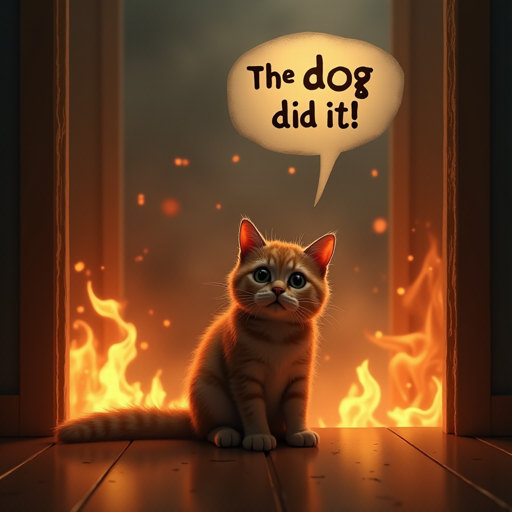 Photorealistic image of an innocent-looking cat sitting calmly in the middle of a burning room. Flames engulf the room, with fire licking up the walls and smoke filling the air. The cat is sitting on the floor, looking directly at the viewer with wide, innocent eyes. Above the cat, a speech bubble says "The dog did it!" The contrast between the cat's calm demeanor and the chaos around it creates a humorous and surreal scene.