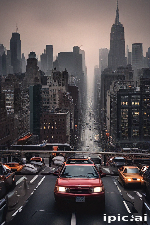 New York City Skyline at Dusk with Busy Streets and Iconic Buildings