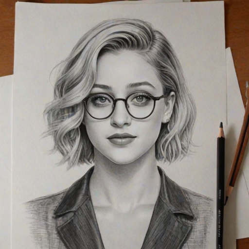 Bewitching Lili Reinhart, pencil sketch, portrait of Charming woman 1924s in glasses, hair style beatnik, outline, clear lines, fine lines, 8k