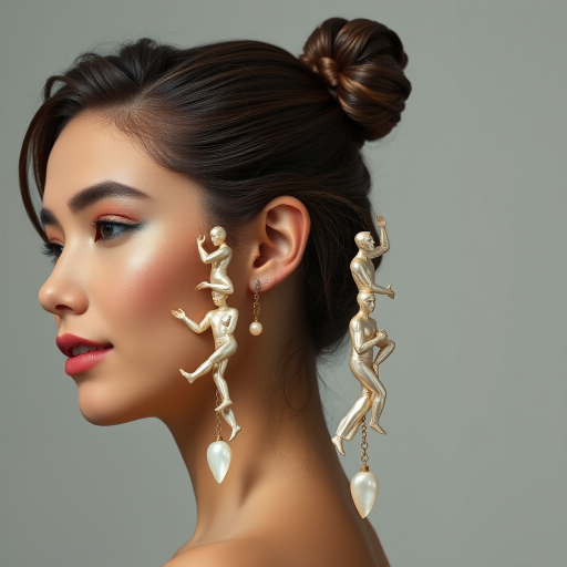 beautiful young lady with hair done up, and an exquisite pair of earings, made from mother of pearl, shimmering, and composed of different men in poses as he climbs up the long earing